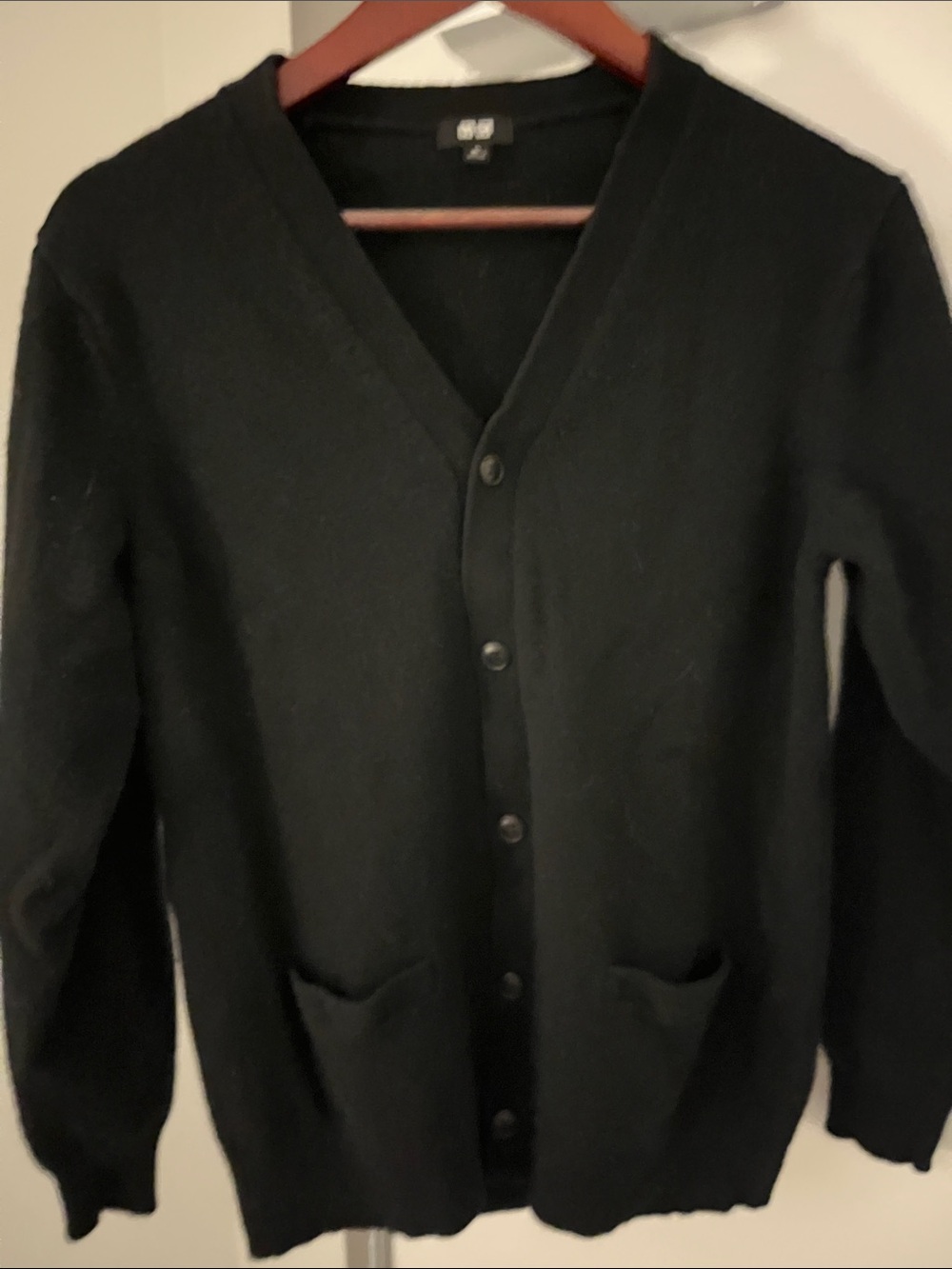 Men's Black V-Neck Button Cardigan Sweater was XL now small.